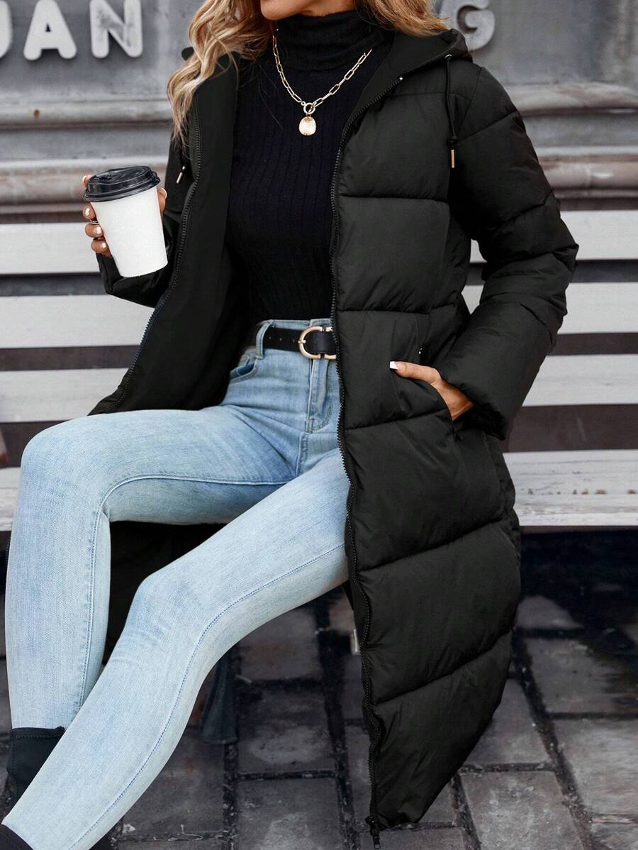 Jasper Long Hooded Puffer Coat with Drawstring - Black