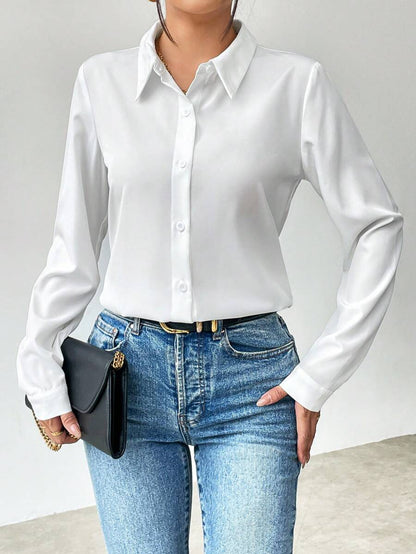 Pia Button Front Long Sleeve Blouse Classic Collared Shirt - White