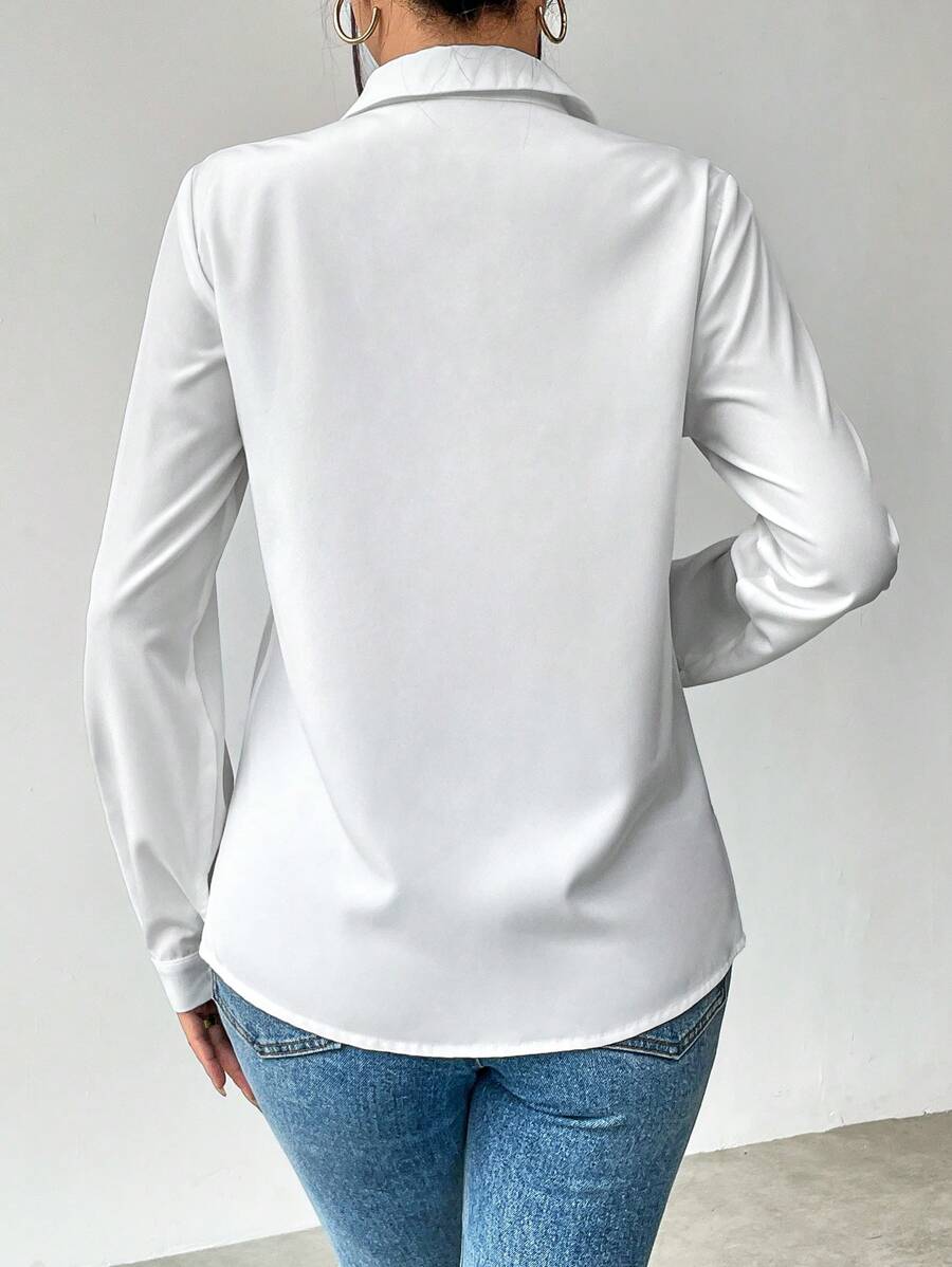 Pia Button Front Long Sleeve Blouse Classic Collared Shirt - White