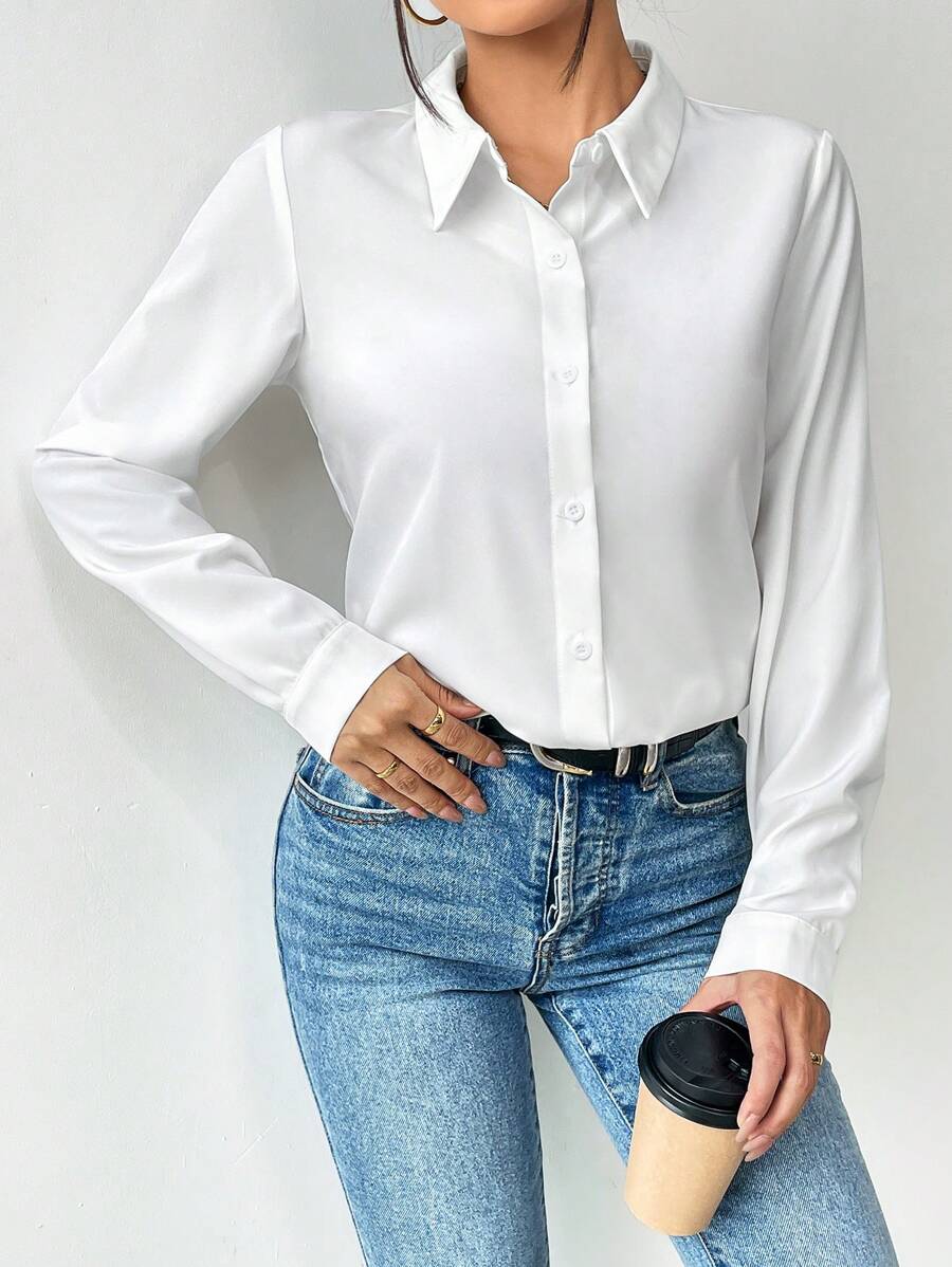 Pia Button Front Long Sleeve Blouse Classic Collared Shirt - White
