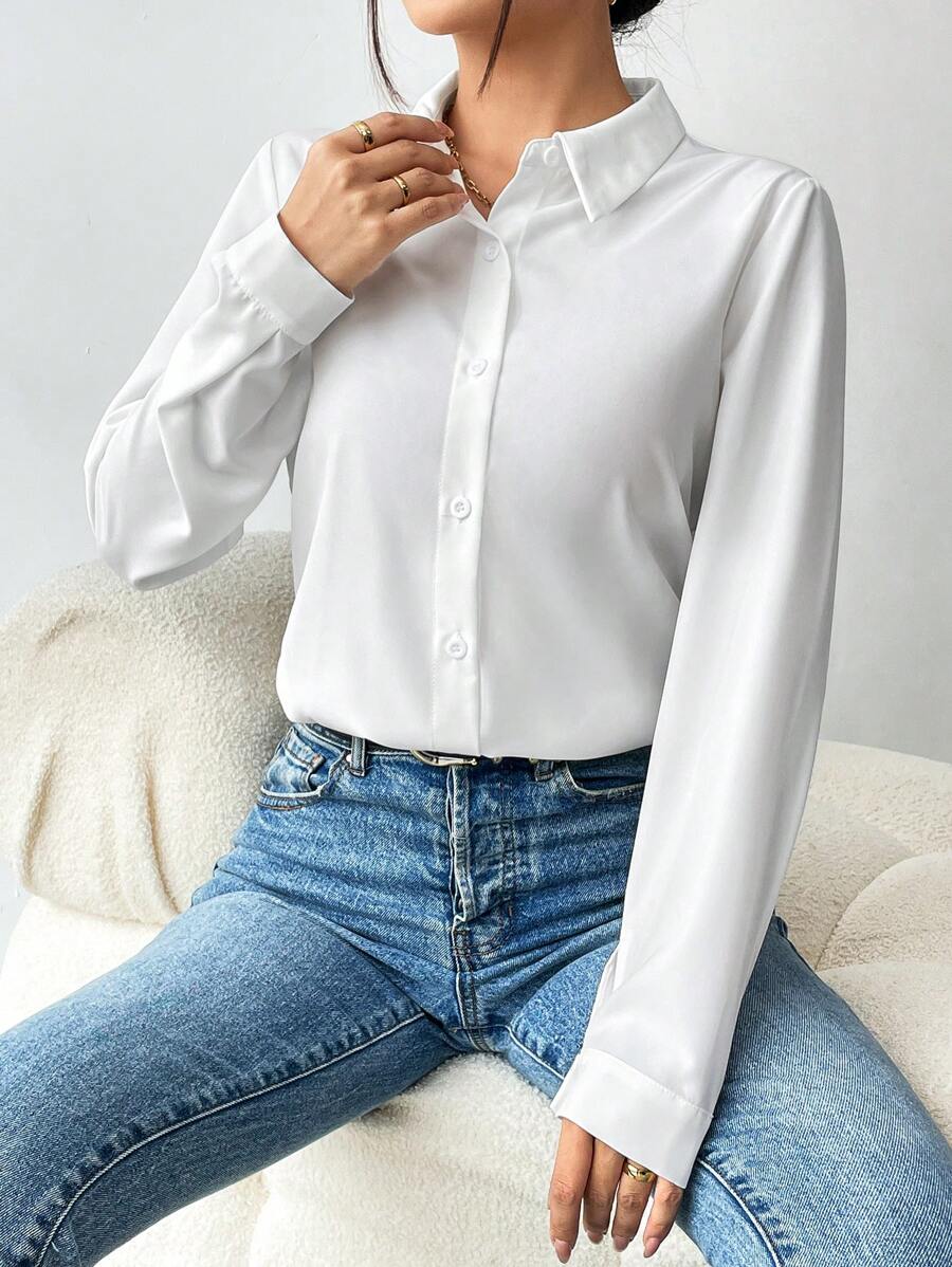 Pia Button Front Long Sleeve Blouse Classic Collared Shirt - White