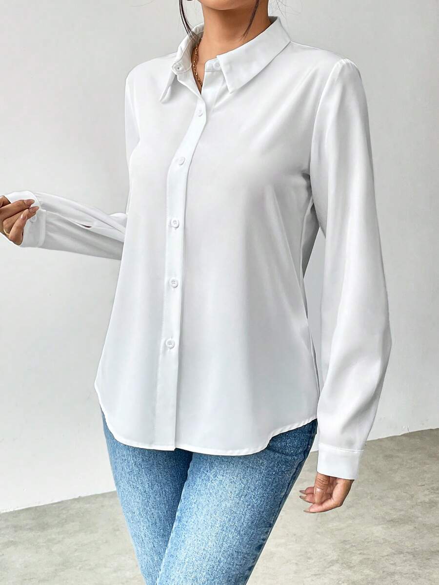 Pia Button Front Long Sleeve Blouse Classic Collared Shirt - White