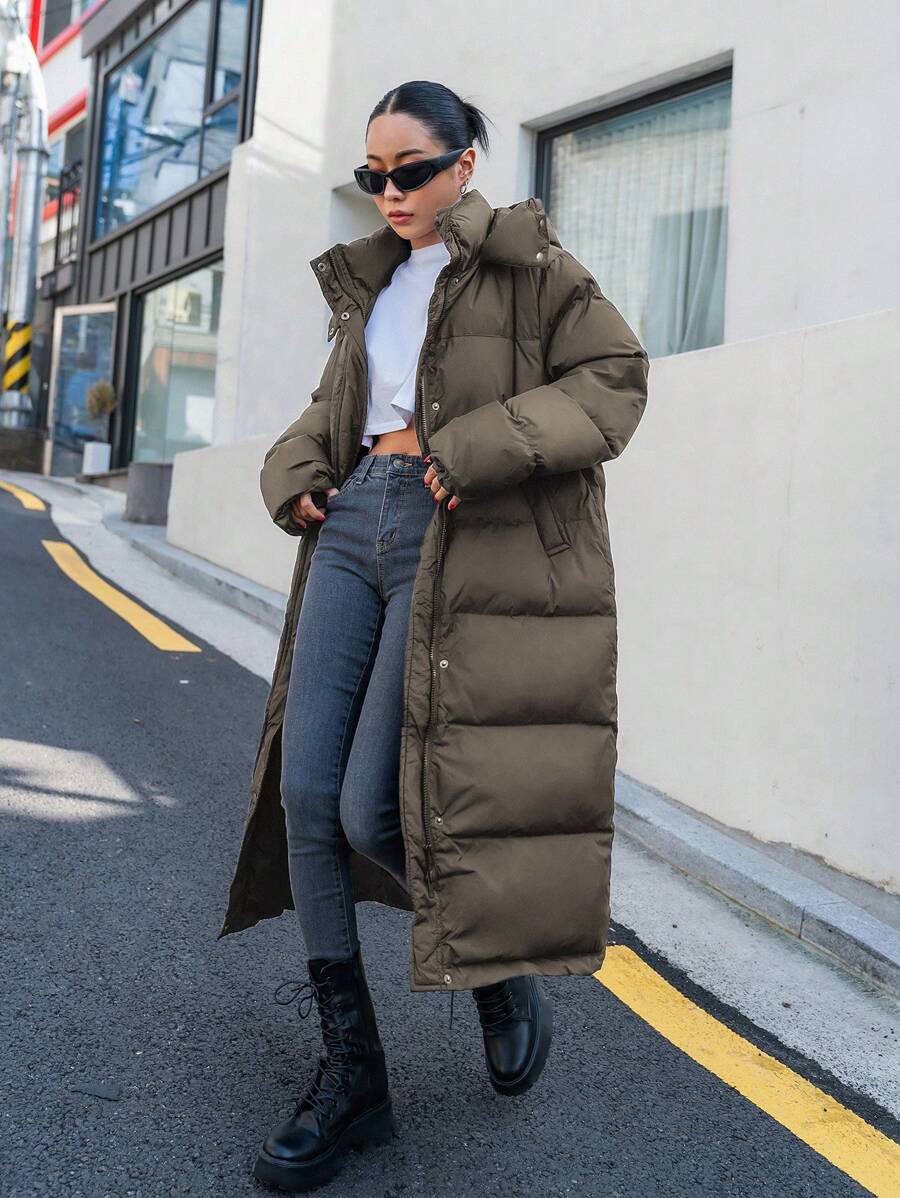 Corinne Long Hooded Puffer Coat with Zip Front and Pockets - Olive