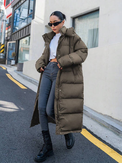 Corinne Long Hooded Puffer Coat with Zip Front and Pockets - Olive