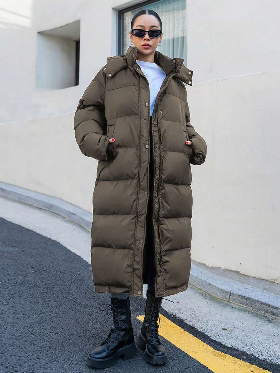 Corinne Long Hooded Puffer Coat with Zip Front and Pockets - Olive