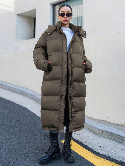 Corinne Long Hooded Puffer Coat with Zip Front and Pockets - Olive