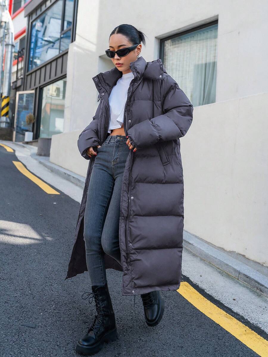 Corinne Long Hooded Puffer Coat with Zip Front and Pockets - Charcoal Grey