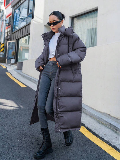 Corinne Long Hooded Puffer Coat with Zip Front and Pockets - Charcoal Grey