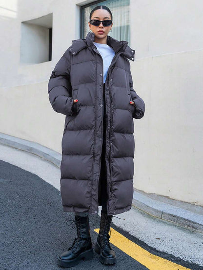 Corinne Long Hooded Puffer Coat with Zip Front and Pockets - Charcoal Grey