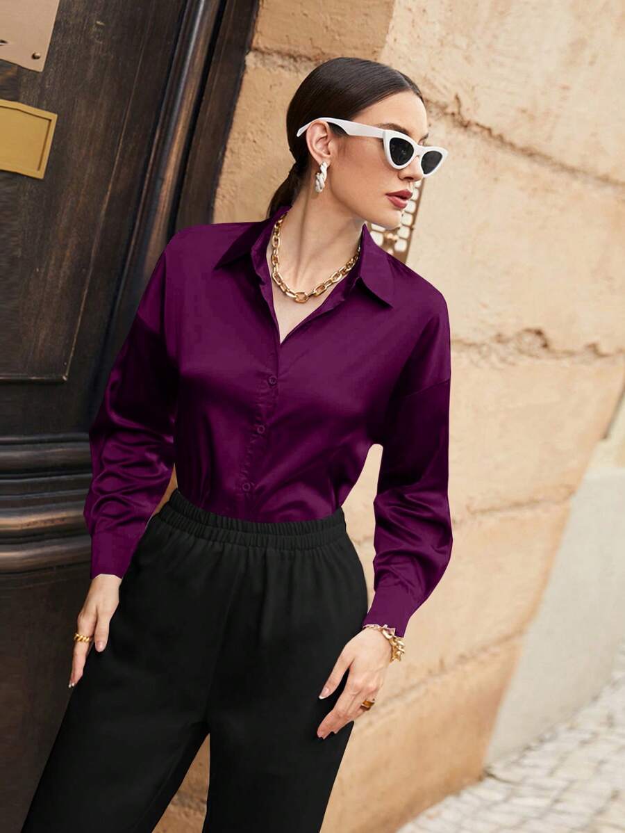 Women's Satin Button Front Long Sleeve Shirt, Silky Stretch Blouse for Work and Evening - Grey