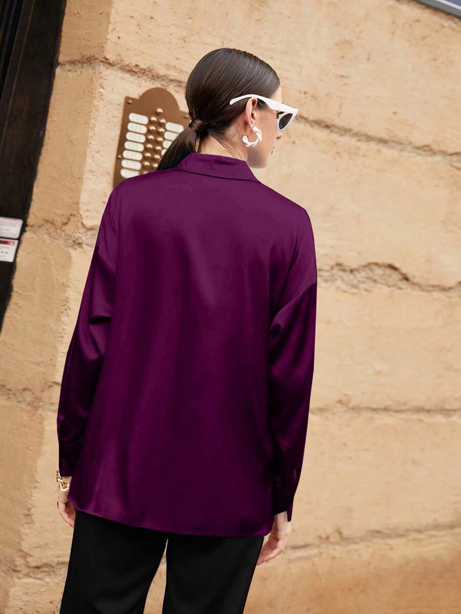 Women's Satin Button Front Long Sleeve Shirt, Silky Stretch Blouse for Work and Evening - Brown