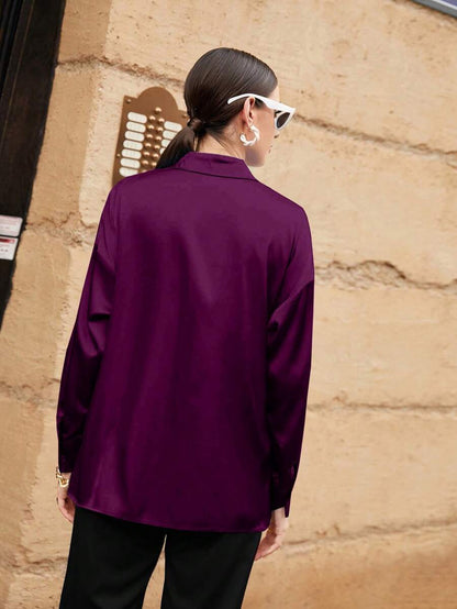 Women's Satin Button Front Long Sleeve Shirt, Silky Stretch Blouse for Work and Evening - Brown