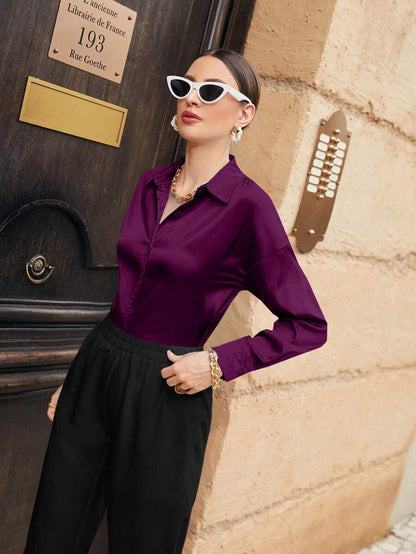 Women's Satin Button Front Long Sleeve Shirt, Silky Stretch Blouse for Work and Evening - Champagne