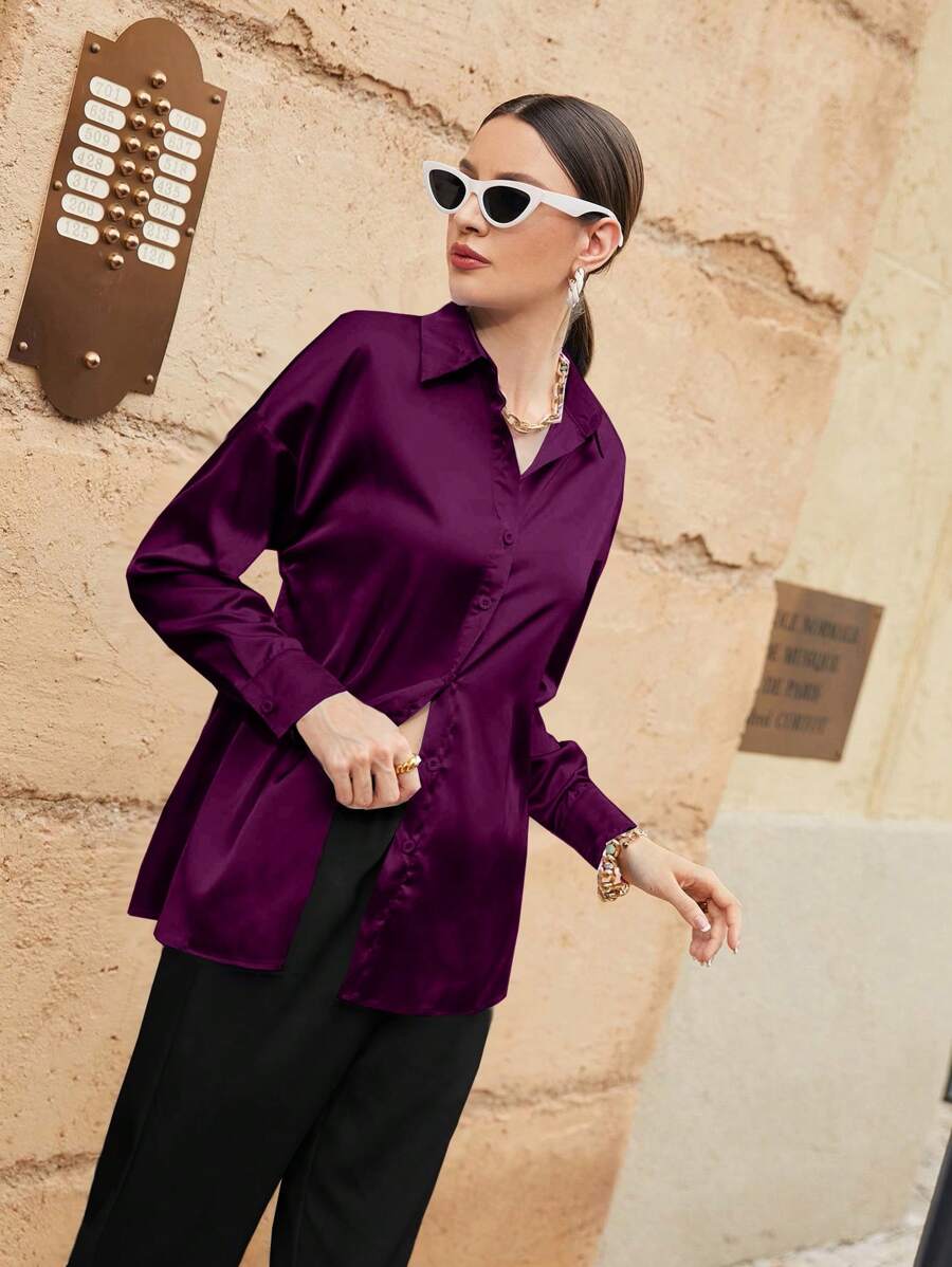 Women's Satin Button Front Long Sleeve Shirt, Silky Stretch Blouse for Work and Evening - Purple