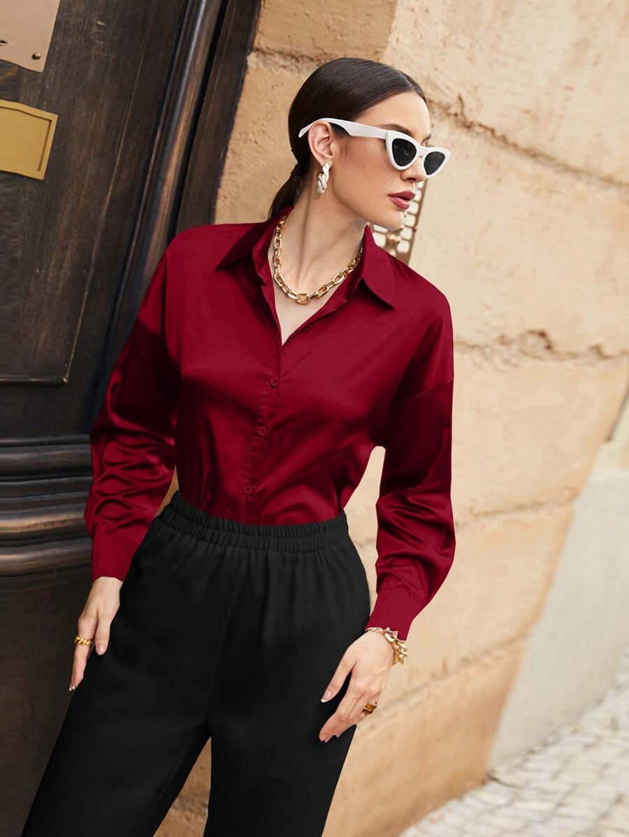 Women's Satin Button Front Long Sleeve Shirt, Silky Stretch Blouse for Work and Evening - Black