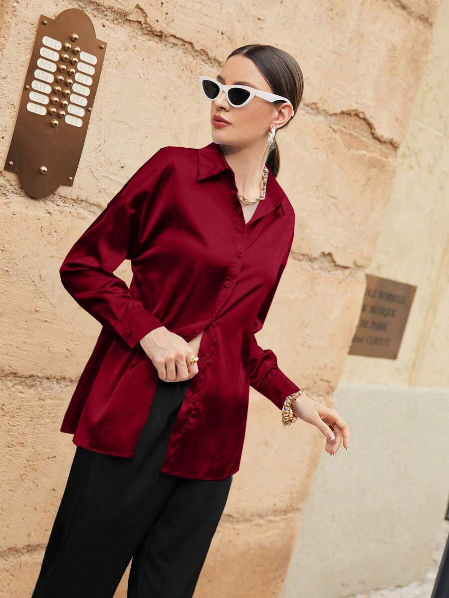 Women's Satin Button Front Long Sleeve Shirt, Silky Stretch Blouse for Work and Evening - Burgundy