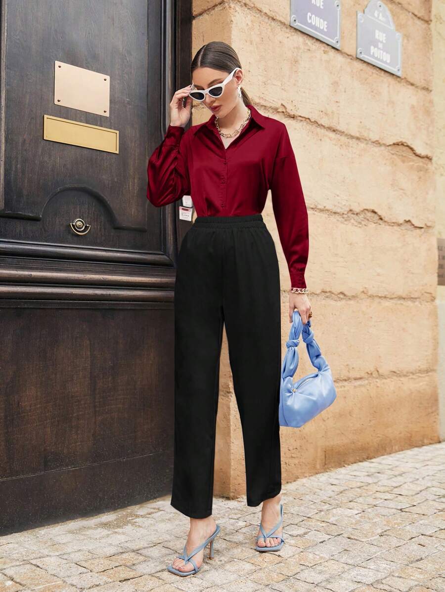 Women's Satin Button Front Long Sleeve Shirt, Silky Stretch Blouse for Work and Evening - Pink
