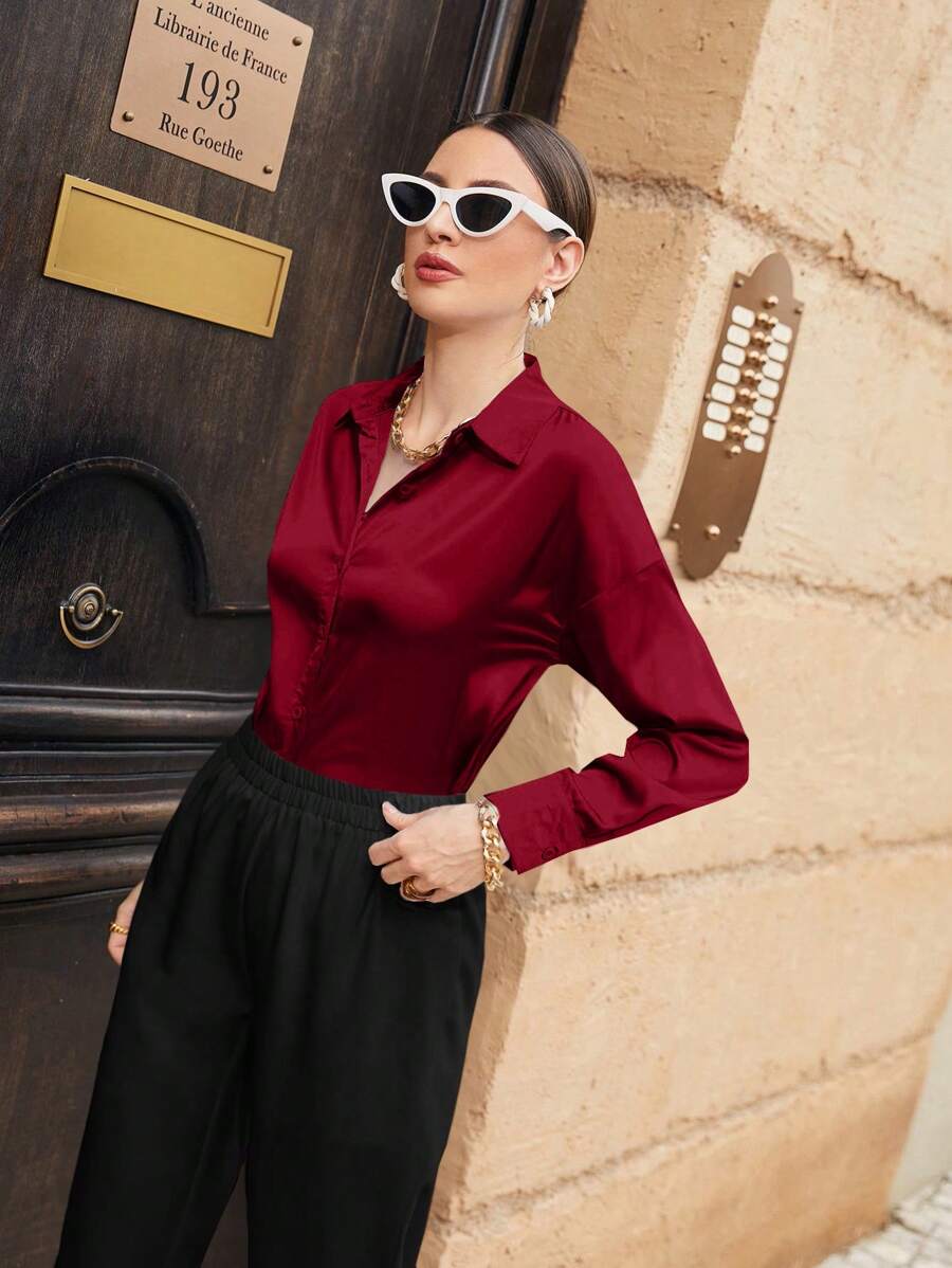 Women's Satin Button Front Long Sleeve Shirt, Silky Stretch Blouse for Work and Evening - Green