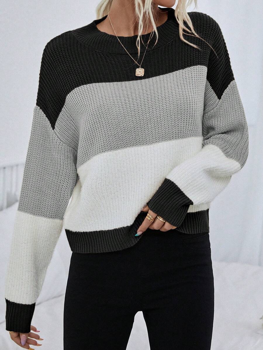 Odessa Color Block Drop Shoulder Long Sleeve Knit Sweater - Multicolor