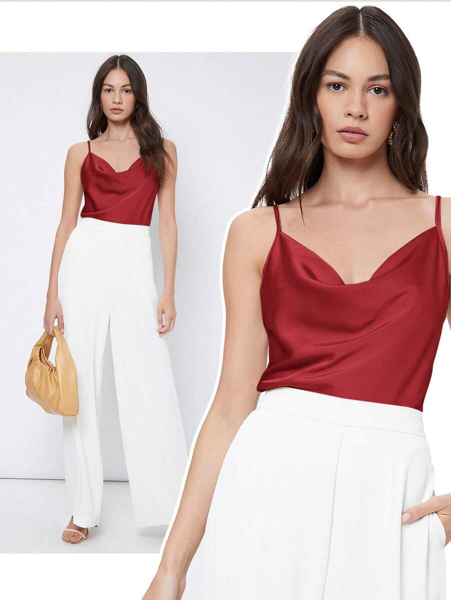 Rosemary Draped Cowl Neck Satin Cami Top with Spaghetti Straps - Red