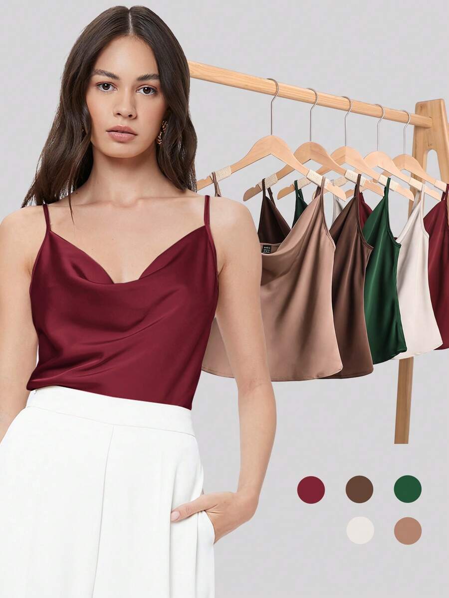 Rosemary Draped Cowl Neck Satin Cami Top with Spaghetti Straps - Burgundy