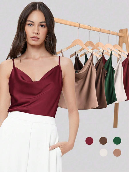 Rosemary Draped Cowl Neck Satin Cami Top with Spaghetti Straps - Burgundy