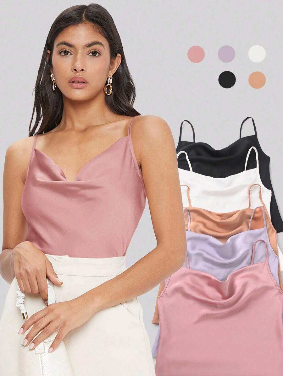 Rosemary Draped Cowl Neck Satin Cami Top with Spaghetti Straps - Dusty Pink