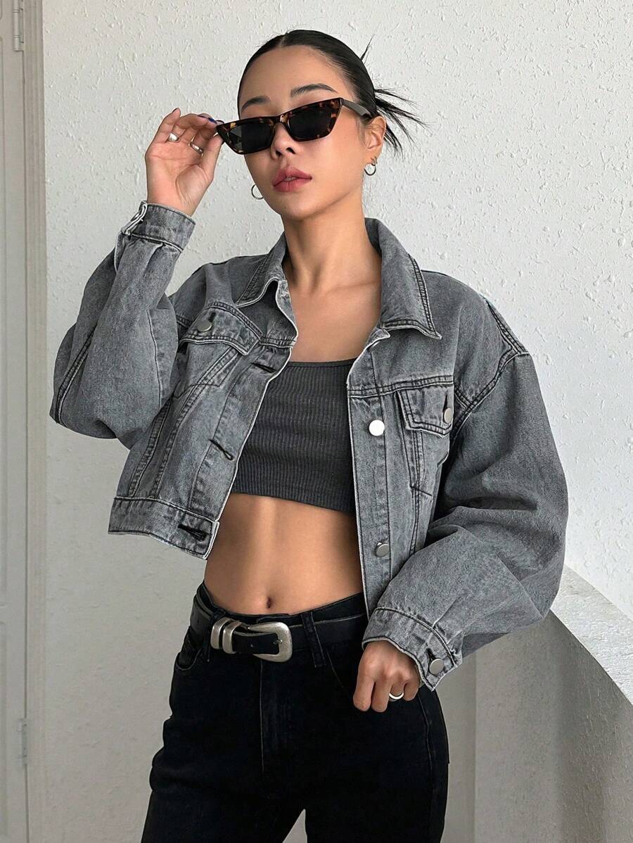 Helena Drop Shoulder Crop Denim Jacket - Grey