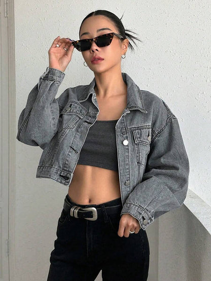 Helena Drop Shoulder Crop Denim Jacket - Grey