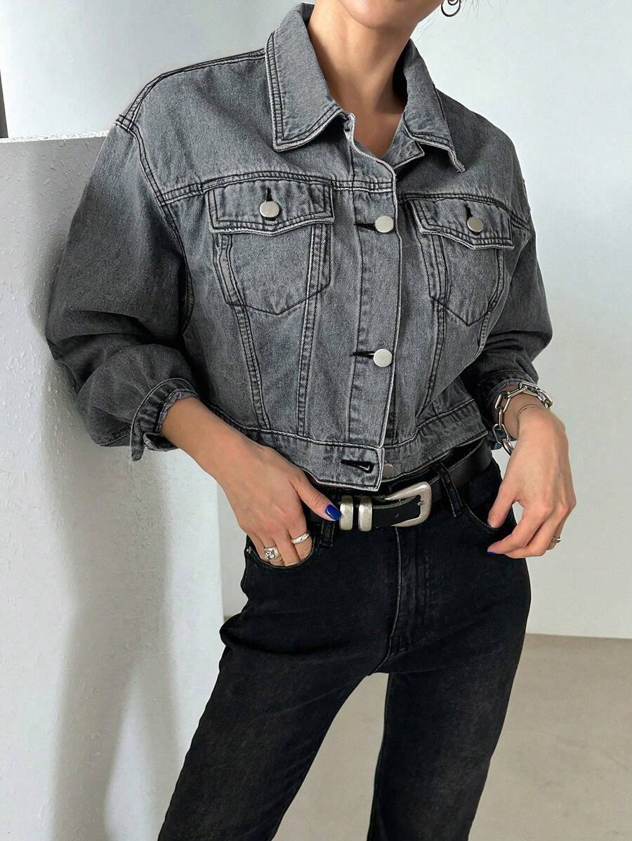 Helena Drop Shoulder Crop Denim Jacket - Beige