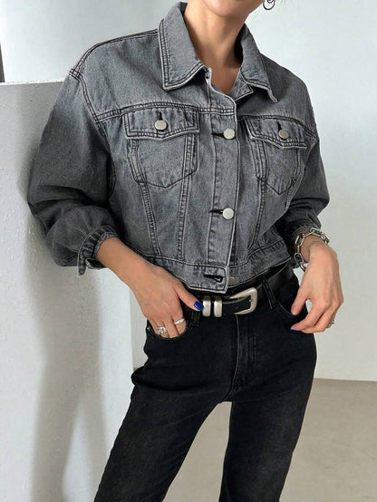 Helena Drop Shoulder Crop Denim Jacket - Beige