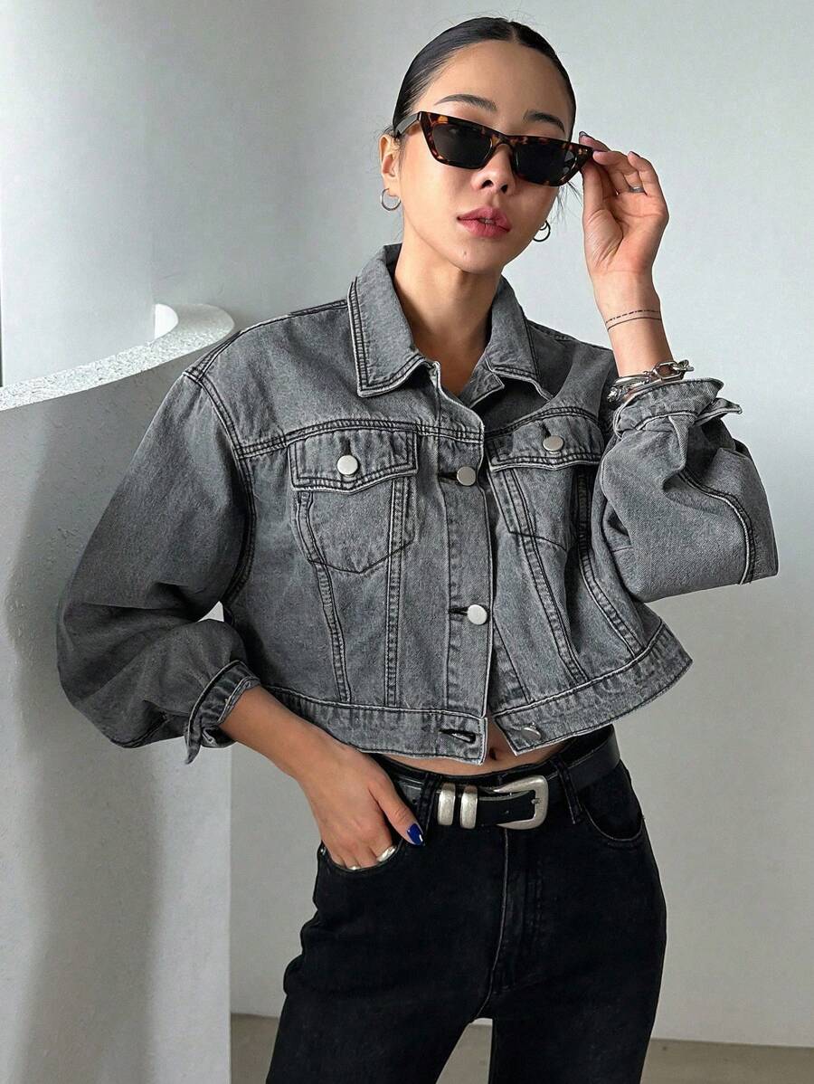 Helena Drop Shoulder Crop Denim Jacket - Grey