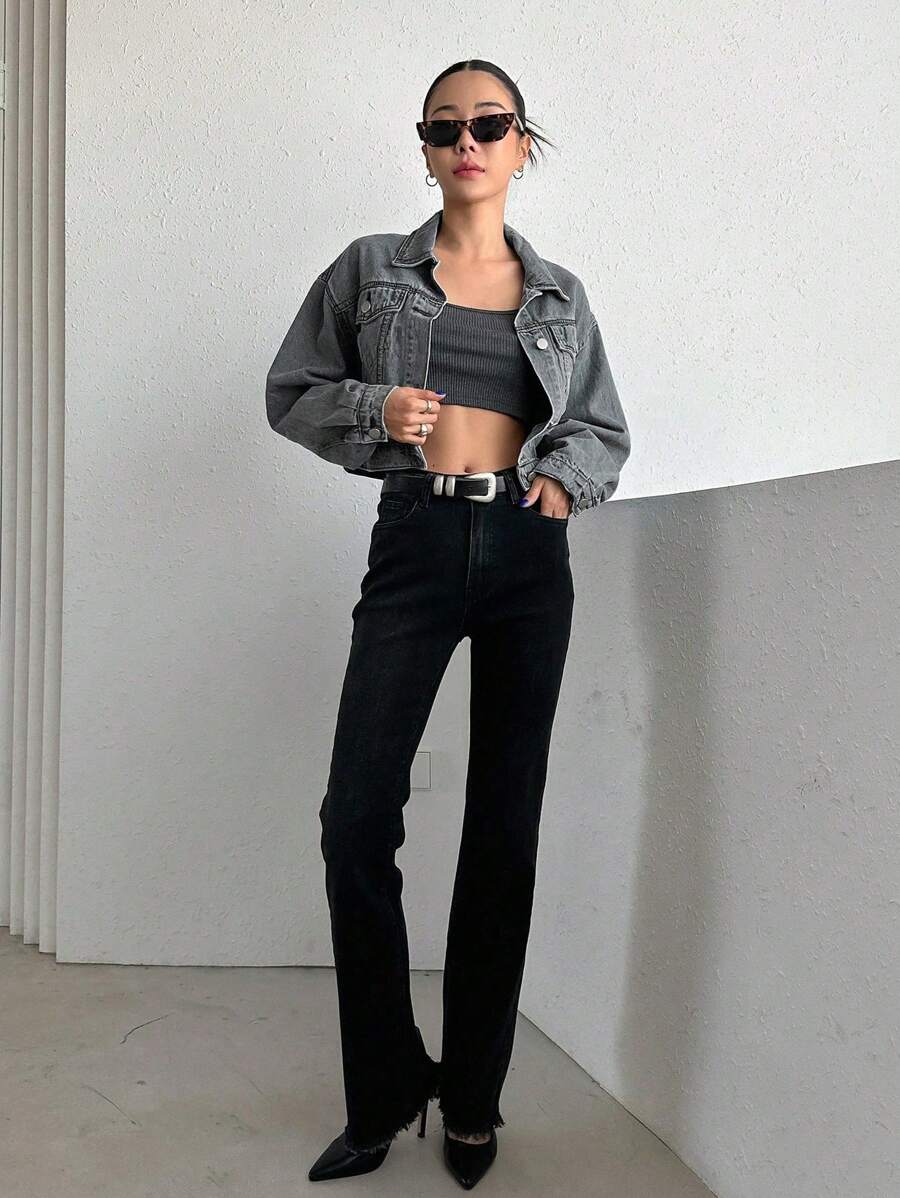 Helena Drop Shoulder Crop Denim Jacket - Dark Wash