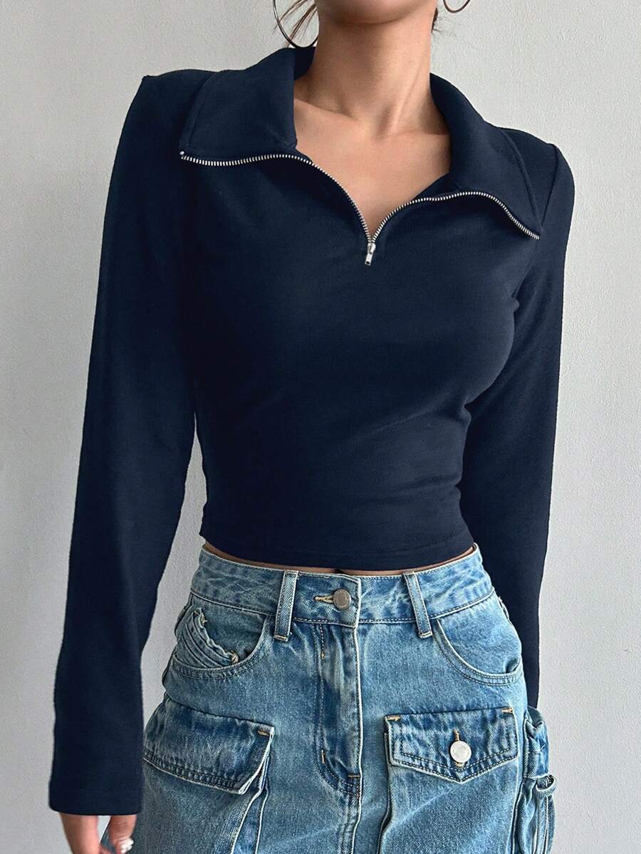 Iris Solid Half Zip Crop Long Sleeve Tee - Navy Blue