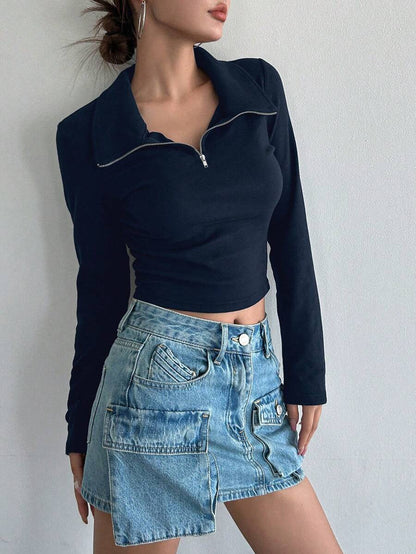Iris Solid Half Zip Crop Long Sleeve Tee - Navy Blue