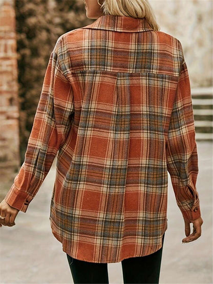Astrid Plaid Drop Shoulder Shirt Collar Top - Black