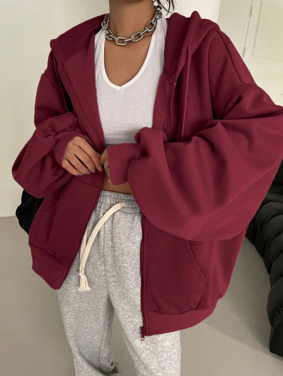 Eleanor Thermal Lined Zip Drawstring Hoodie - Red