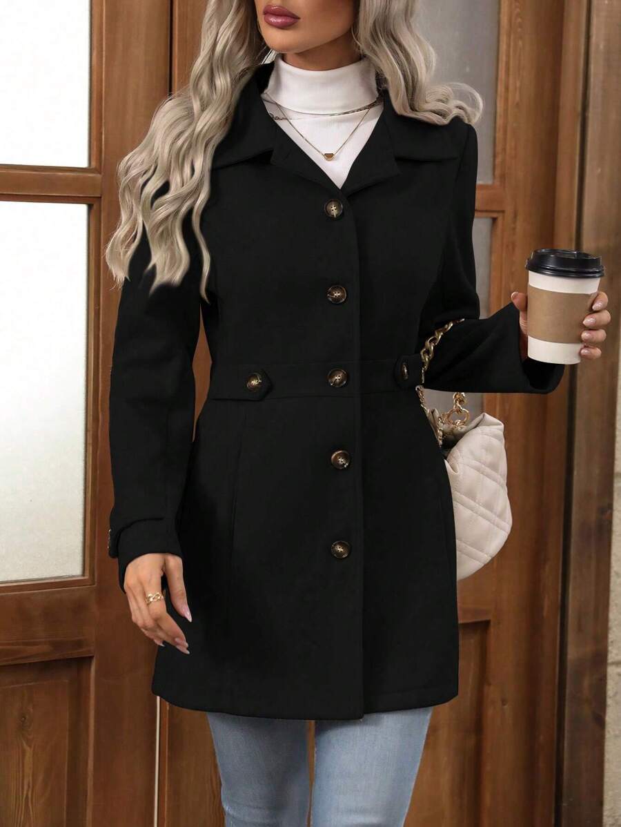 Juliana Single-Breasted Collared Coat with Button Front and Pockets - Camel