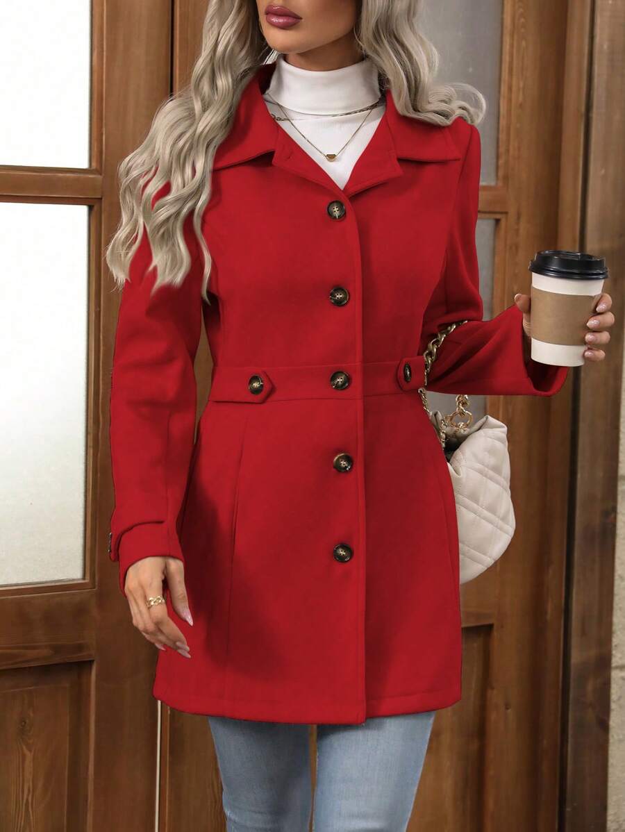 Juliana Single-Breasted Collared Coat with Button Front and Pockets - Apricot