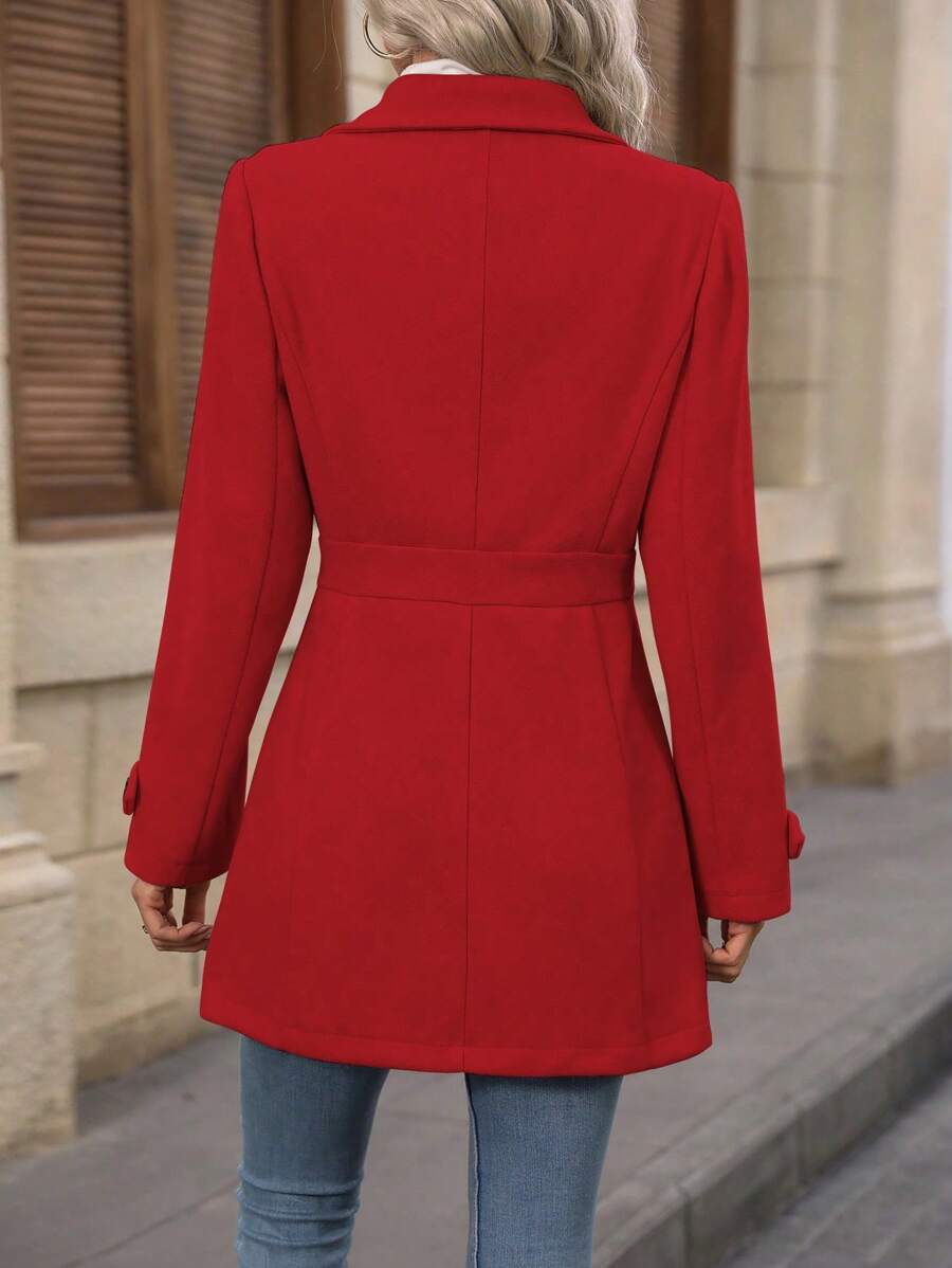 Juliana Single-Breasted Collared Coat with Button Front and Pockets - Red