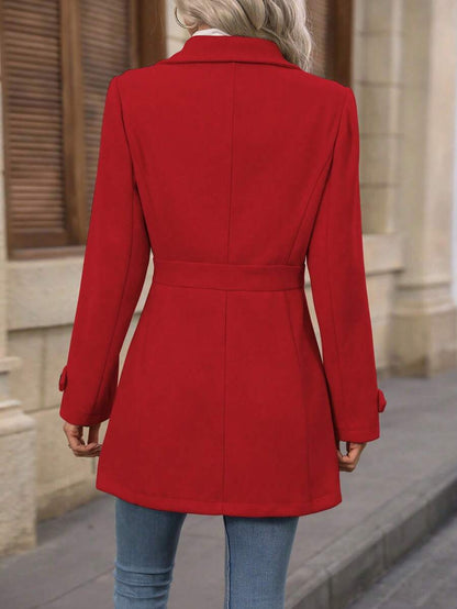 Juliana Single-Breasted Collared Coat with Button Front and Pockets - Red