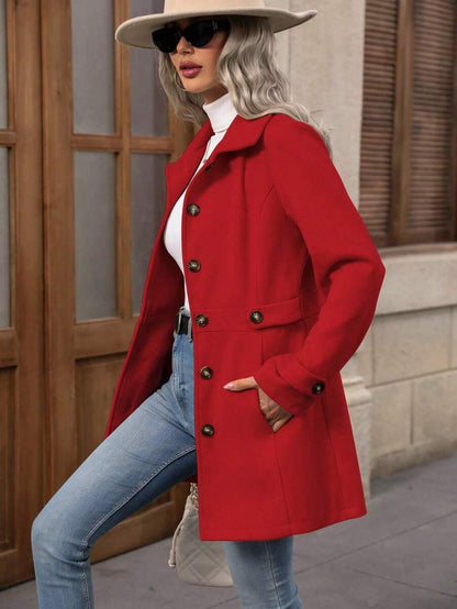 Juliana Single-Breasted Collared Coat with Button Front and Pockets - Navy Blue