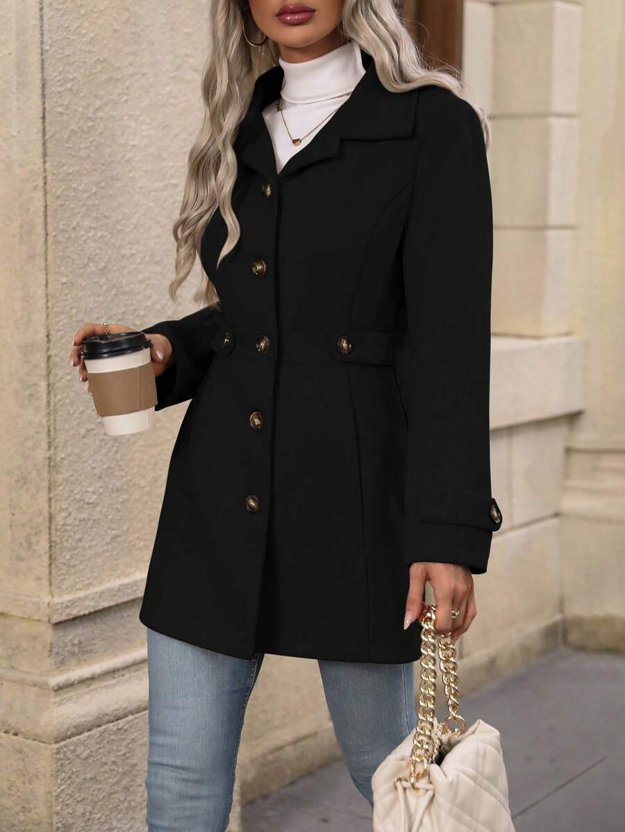 Juliana Single-Breasted Collared Coat with Button Front and Pockets - Black
