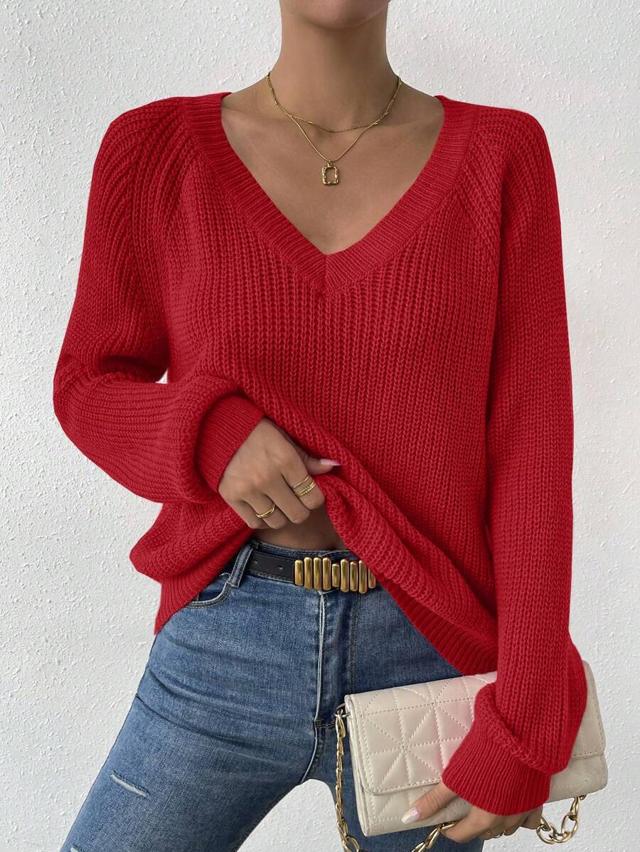 Aarhus V Neck Raglan Sleeve Ribbed Knit Sweater - Red