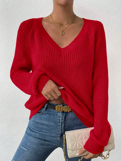 Aarhus V Neck Raglan Sleeve Ribbed Knit Sweater - Red