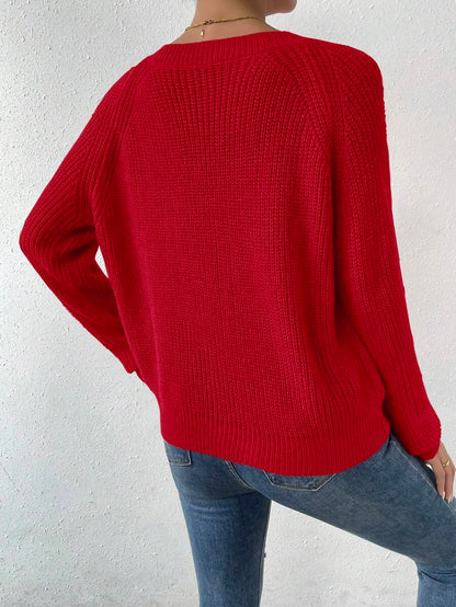 Aarhus V Neck Raglan Sleeve Ribbed Knit Sweater