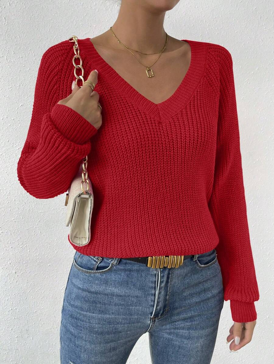 Aarhus V Neck Raglan Sleeve Ribbed Knit Sweater