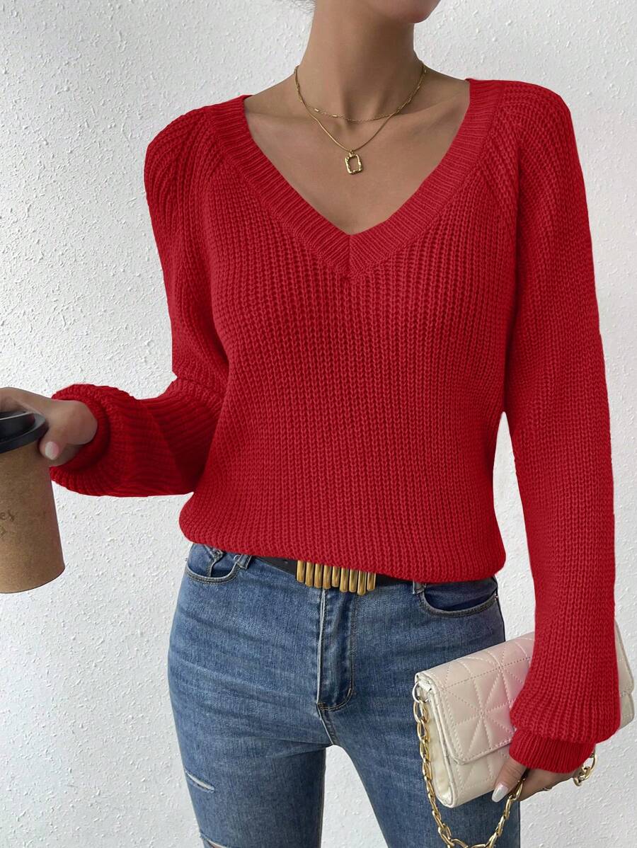 Aarhus V Neck Raglan Sleeve Ribbed Knit Sweater