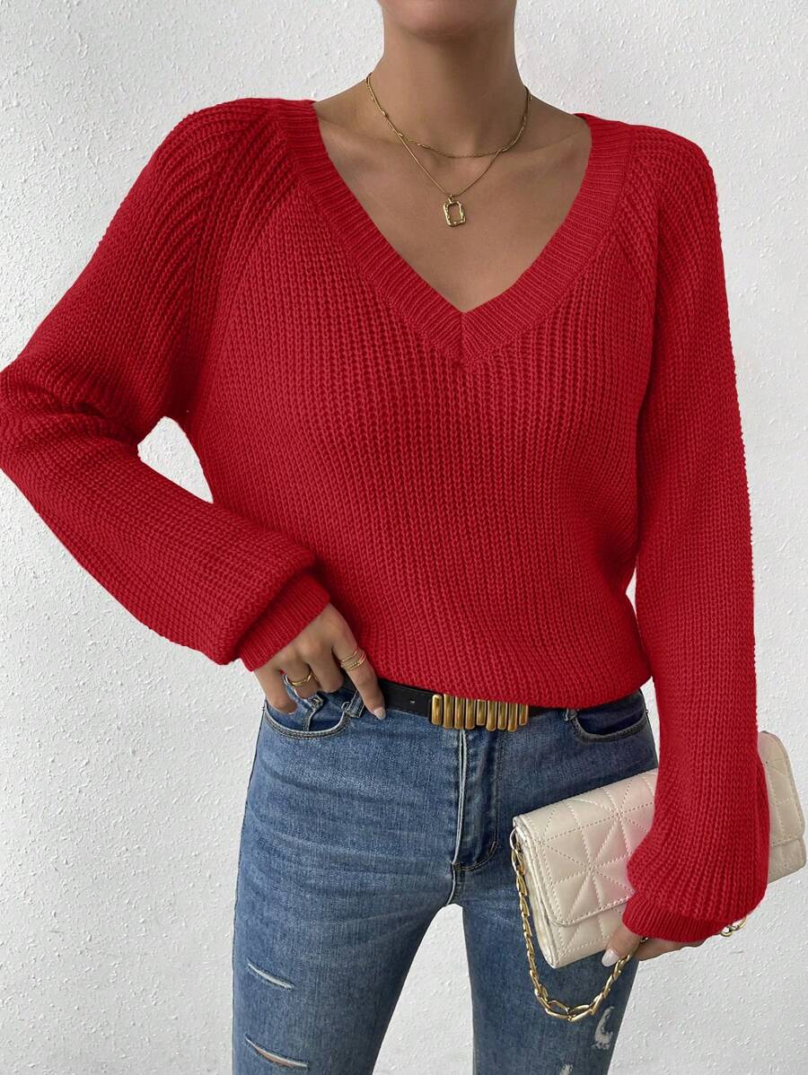 Aarhus V Neck Raglan Sleeve Ribbed Knit Sweater