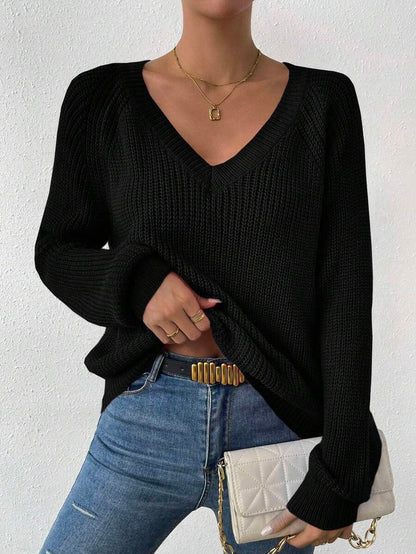 Aarhus V Neck Raglan Sleeve Ribbed Knit Sweater - Black